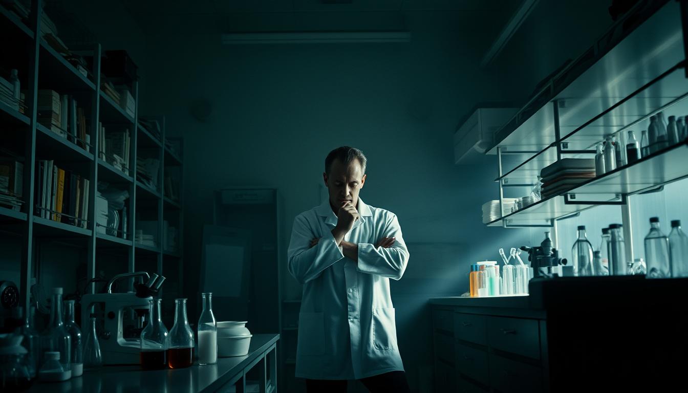 A dimly lit laboratory, shelves of scientific equipment and books lining the walls. In the center, a scientist stands deep in thought, brow furrowed, hands clasped in contemplation. Soft, diffused lighting casts dramatic shadows, evoking a sense of uncertainty and the unknown. The scene conveys the challenges of scientific inquiry, the pursuit of answers amidst the complexities of the natural world. Beakers and test tubes sit on the counter, hinting at the experiments that have led to this moment of incertitude. The overall mood is one of introspection, a scientist grappling with the limits of their understanding.