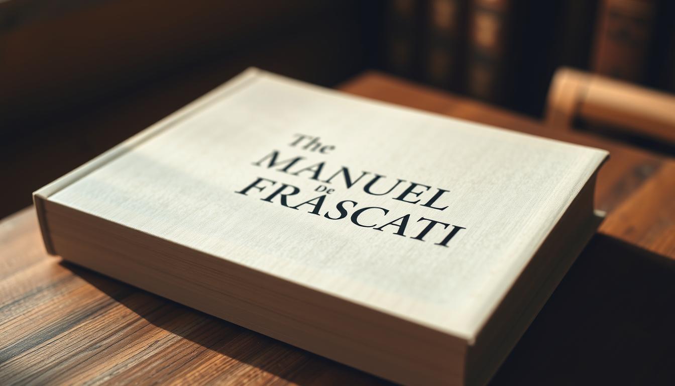A crisp, high-resolution image of the "Manuel de Frascati" publication, centered and in focus. The book cover is displayed prominently, with a clean, minimalist design showcasing the title in an elegant serif font. The background is slightly blurred, creating a subtle depth of field and drawing the viewer's attention to the book. The lighting is soft and natural, illuminating the textured paper surface and giving the image a warm, scholarly atmosphere. The camera angle is slightly elevated, creating a sense of authority and importance surrounding the publication. The overall composition is balanced and visually striking, reflecting the key role of the "Manuel de Frascati" in the subject matter.