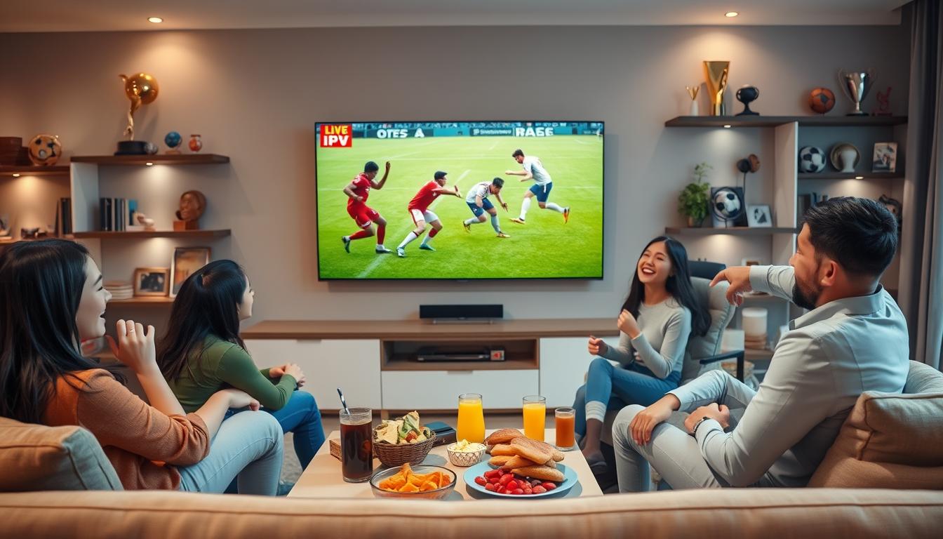 A vibrant living room scene showcasing a family enjoying a live sports event via IPTV. In the foreground, a comfortable sofa with a variety of snacks and drinks on a coffee table. The middle ground features a large flat-screen television displaying a thrilling football match, with players in action. On either side of the TV, shelves adorned with sports memorabilia and trophies create a cozy atmosphere. In the background, soft ambient lighting highlights the modern decor of the room. Capture a sense of excitement and togetherness, as the family members express joy and enthusiasm, dressed in casual yet neat clothing. Use a warm color palette to evoke a welcoming and engaging mood.