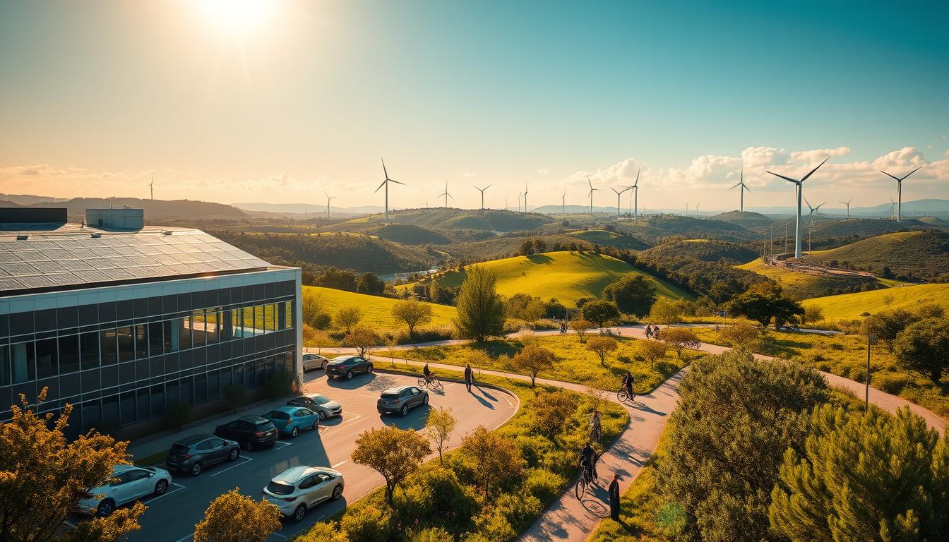 A sun-drenched landscape with a modern office building in the foreground, surrounded by lush greenery and rolling hills. Solar panels cover the building's rooftop, casting a warm glow. In the middle ground, electric vehicles are parked, while cyclists and pedestrians traverse paths lined with native flora. In the distance, wind turbines dot the horizon, harnessing the power of the elements. The scene conveys a sense of progress and environmental harmony, reflecting the impact of government subsidies for eco-friendly infrastructure and technologies. Cinematic lighting and a wide-angle lens create a sweeping, immersive perspective.