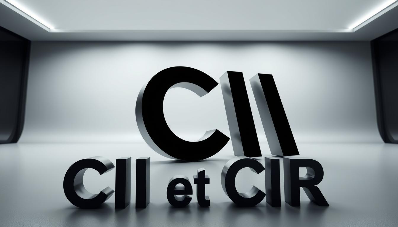 A dynamic, high-contrast rendering of "CII et CIR" against a sleek, minimalist background. The foreground features the two acronyms in bold, modern typography, with a sense of depth and dimensionality. The midground showcases a subtle grid pattern or abstract geometric shapes, evoking a structured, technical atmosphere. The background is a muted, gradient-driven palette, providing a clean and sophisticated canvas. The overall composition has a polished, professional feel, with carefully considered lighting, angles, and tones to convey the subject's importance and financial impact.