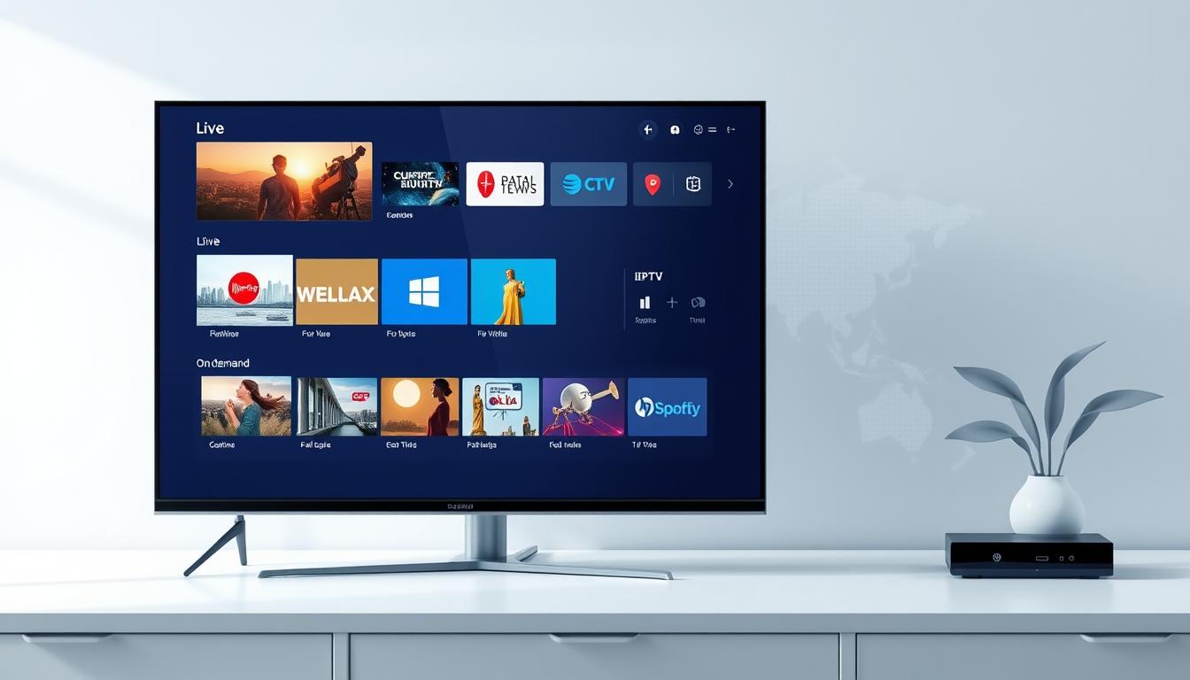 A modern, minimalist illustration showcasing the essential elements of an IPTV service. In the foreground, a sleek TV display showcases a curated selection of live TV channels and on-demand content. The middle ground features a clean, user-friendly interface with intuitive navigation controls. In the background, a subtle world map suggests the global reach and accessibility of the IPTV service. The overall mood is one of simplicity, sophistication, and the convenience of a next-generation television experience. Soft, diffused lighting creates a warm, inviting atmosphere, while a subtle color palette of blues, grays, and whites conveys a sense of professionalism and reliability.