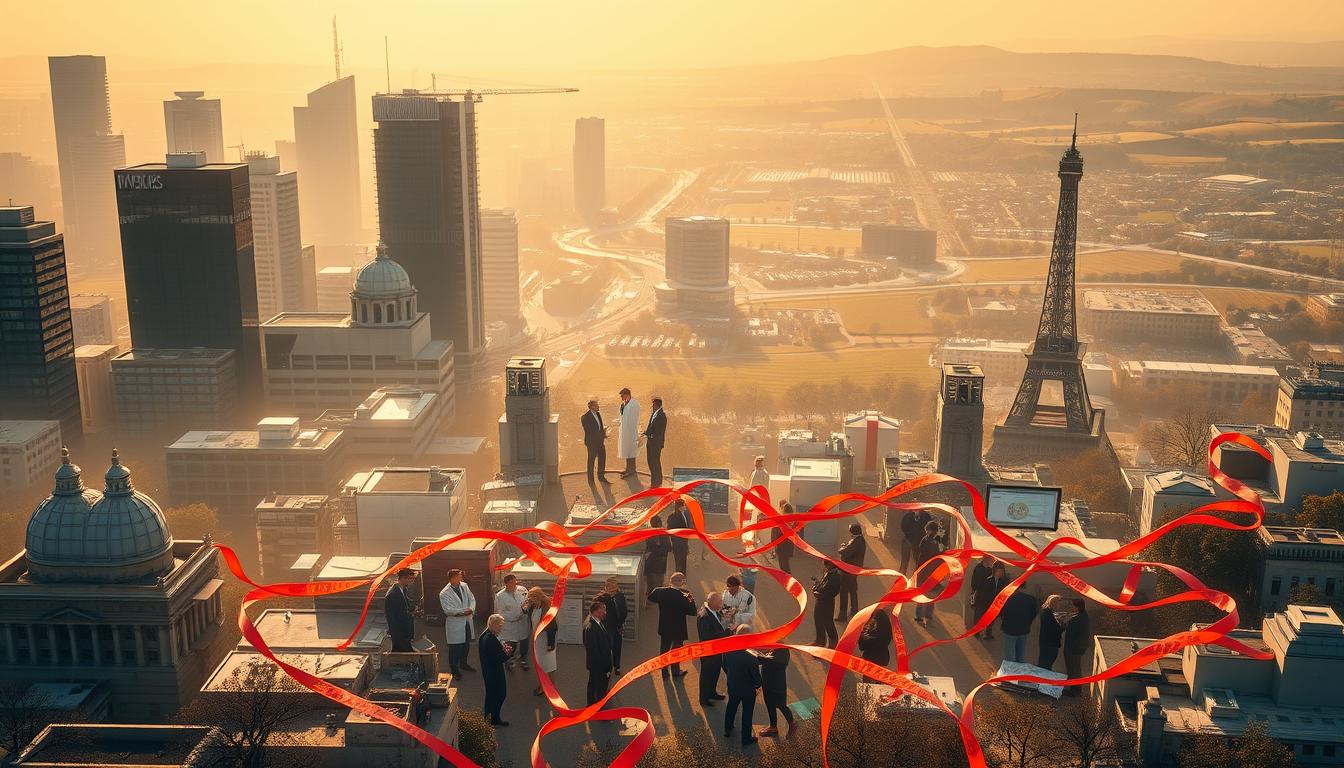 A complex, labyrinthine cityscape of modern high-rises, government buildings, and research facilities, bathed in a warm, golden-hued light that filters through the hazy atmosphere. In the foreground, a winding maze of bureaucratic red tape and financial documents, symbolizing the intricate web of regulations and bureaucracy that entrepreneurs must navigate to secure funding for their innovative ideas. In the middle ground, a diverse group of scientists, engineers, and business leaders, engaged in animated discussions, collaborating to bring their visions to life. In the background, a panoramic view of the French landscape, with rolling hills, vineyards, and the iconic Eiffel Tower, representing the rich cultural and historical heritage that inspires and shapes the country's innovative spirit. The overall scene conveys the complexity, challenges, and opportunities inherent in the financing of innovation in France.