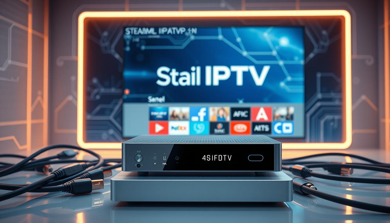 A high-quality, 4K resolution image of a futuristic IPTV setup. The foreground features a sleek, minimalist IPTV device with a seamless user interface, surrounded by various multimedia cables and connectors. The middle ground showcases a modern smart TV displaying a crystal-clear streaming interface, with a focus on the "Stabil IPTV" branding. The background depicts a stylized, hi-tech environment with subtle grid patterns, geometric shapes, and a warm, ambient lighting that creates a sense of technological sophistication. The overall composition conveys the reliability, performance, and cutting-edge nature of the "Stabil IPTV" service.