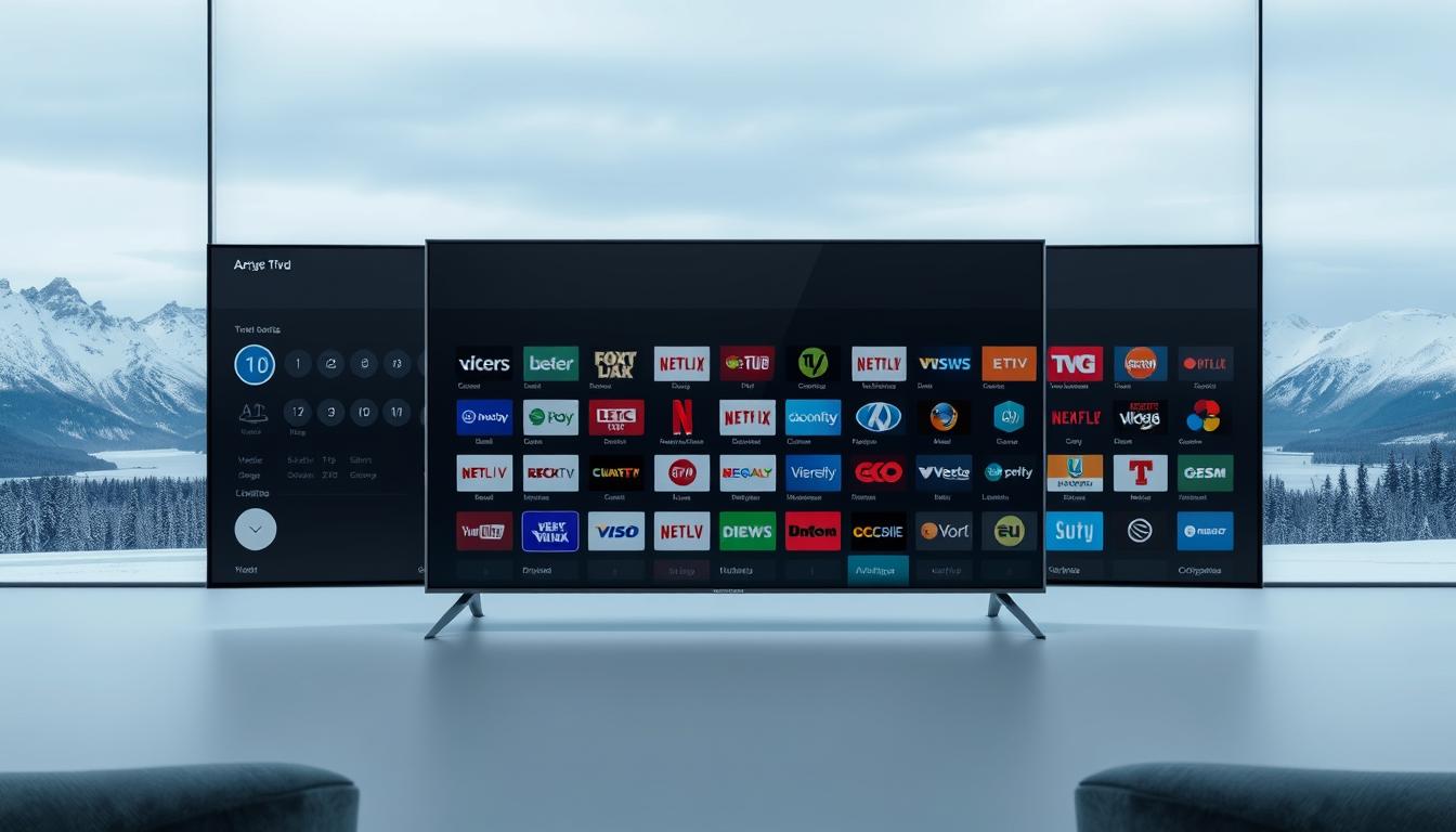 A vast array of television channels displayed on a sleek, modern Nordic-inspired IPTV interface. The foreground showcases a clean, minimalist design with intuitive icons and menus, allowing easy navigation through an extensive library of live and on-demand content. The middle ground features a grid of channel logos, representing the diverse range of programming, from news and sports to movies and entertainment. In the background, a subtle Nordic landscape of snow-capped mountains, serene fjords, and a muted color palette evoke a cozy, sophisticated atmosphere. Soft, even lighting illuminates the scene, creating a sense of clarity and refinement. The overall impression conveys the breadth and quality of the Nordic IPTV offering.