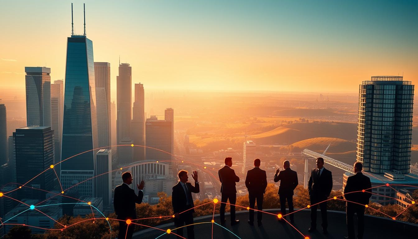 A sprawling cityscape of glass skyscrapers and modern architecture, bathed in warm, golden light. In the foreground, a dynamic network of colorful lines and shapes representing the flow of capital and investment into innovative technologies. In the middle ground, silhouettes of people in business attire, gesturing and collaborating, symbolizing the vibrant ecosystem of startups, venture capitalists, and research institutions. The background features rolling hills dotted with renewable energy sources, hinting at a sustainable, forward-looking future for French innovation. The overall scene conveys a sense of progress, energy, and the potential for transformative change.