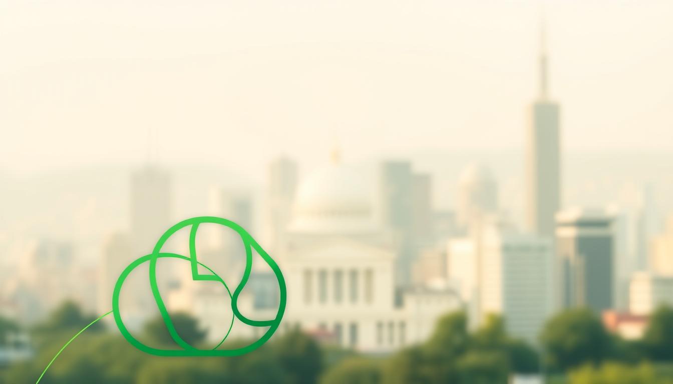 A modern and minimalist illustration of the "C3IV fiscalité verte" concept. The foreground features a clean, geometric design with interlocking shapes and lines in shades of green, symbolizing the interconnected nature of the green tax system. The middle ground showcases a simple, stylized representation of a government building or financial institution, hinting at the institutional framework behind the C3IV. The background is a softly blurred cityscape in muted tones, creating a sense of context and setting. The overall atmosphere is one of efficiency, sustainability, and a forward-thinking approach to green finance. Crisp lighting from the left side casts subtle shadows, adding depth and dimensionality to the composition.