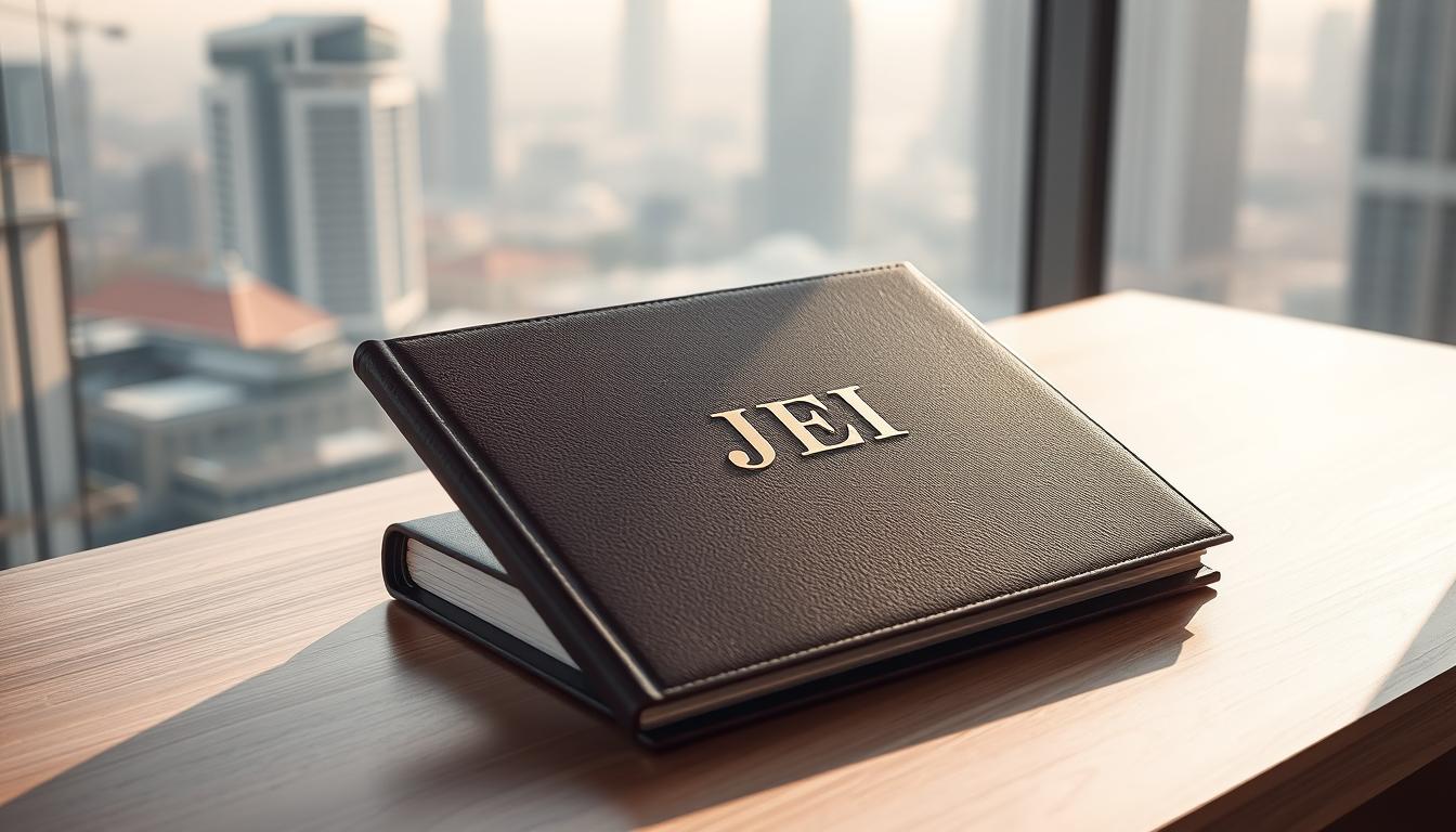 A high-quality dossier with the label "JEI" prominently displayed on the front cover, resting on a sleek, minimalist desk. The dossier is made of rich, textured leather in a deep burgundy hue, with subtle gold embossing. The lighting is soft and natural, casting a warm glow across the scene. The desk is made of polished wood, with clean lines and a modern aesthetic. In the background, a muted, blurred cityscape is visible through a large window, suggesting an urban professional setting. The overall mood is one of sophistication, authority, and attention to detail - reflecting the importance and gravitas of the "JEI" designation.