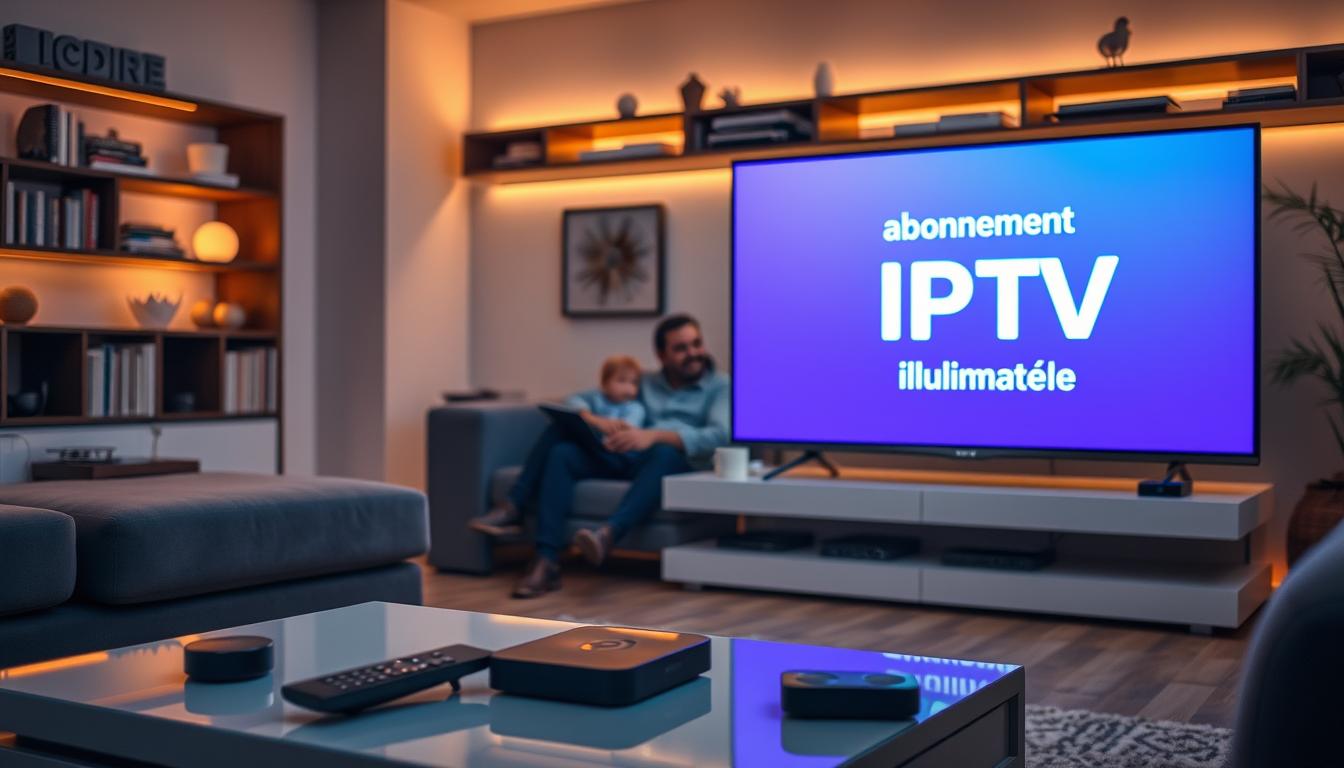 A serene living room setup highlighting modern technology, featuring a sleek smart TV displaying the logo of "Abonnement IPTV illimité" on the screen. In the foreground, a stylish coffee table displays a remote control and various streaming devices. The middle ground includes a comfortable couch with a family enjoying their evening, dressed in casual yet professional clothing, smiling as they engage with the content on the TV. The background is softly lit with warm, ambient lighting, and shelves lined with books and decorative items, creating a cozy atmosphere. The scene is shot from a slightly elevated angle, capturing both the family interaction and the vibrant screen, conveying a sense of comfort and modern entertainment in France.