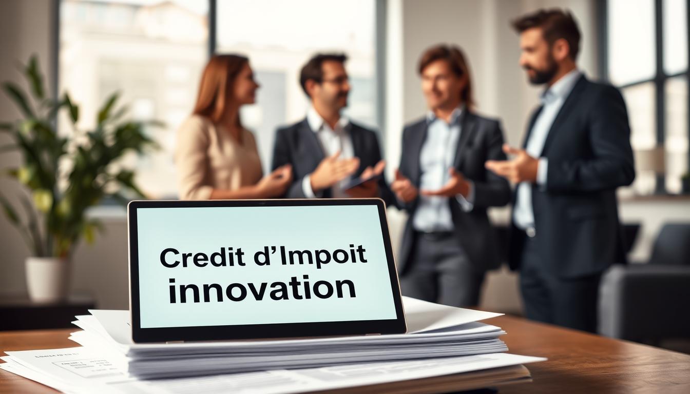 A detailed image of "Crédit d'Impôt Innovation" against a blurred backdrop of a modern, minimalist office setting. In the foreground, a stack of financial documents and a laptop display the "Crédit d'Impôt Innovation" text, conveying the idea of innovation and tax credits. In the middle ground, a team of business professionals from OL&DI Consulting discussing the topic, gesturing towards the documents. The lighting is warm and natural, creating a professional yet inviting atmosphere. The composition emphasizes the collaborative and analytical nature of understanding the "Crédit d'Impôt Innovation" concept.