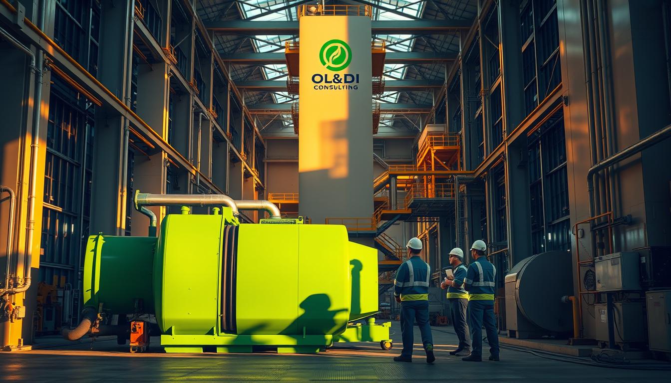 An industrial facility with a sleek, modern design, illuminated by warm lighting that casts long shadows across the scene. In the foreground, a group of workers in protective gear inspect a large green machine, its shape and color hinting at its environmentally-friendly purpose. In the background, a towering structure with the OL&DI Consulting logo stands tall, symbolizing the company's role in financing and supporting green industrial projects. The overall atmosphere conveys a sense of progress, innovation, and a commitment to sustainability.