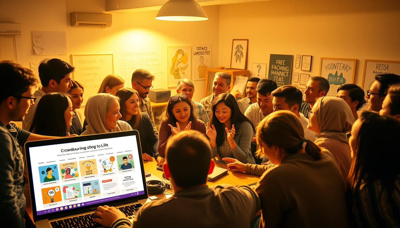 A bustling crowd of individuals gathered around a central table, each engaged in lively discussions and exchanging ideas. The scene is bathed in a warm, golden light, creating a sense of energy and collaboration. In the foreground, a laptop displays a crowdsourcing platform, showcasing various innovative projects seeking funding. The middle ground features people of diverse backgrounds, gesturing enthusiastically as they review project proposals and pledge their support. The background is a cozy, open-plan office space, with whiteboards and inspiring artwork adorning the walls, conveying a spirit of creativity and entrepreneurship. The overall atmosphere is one of enthusiasm, community, and the collective effort to bring novel ideas to life through collaborative financing.