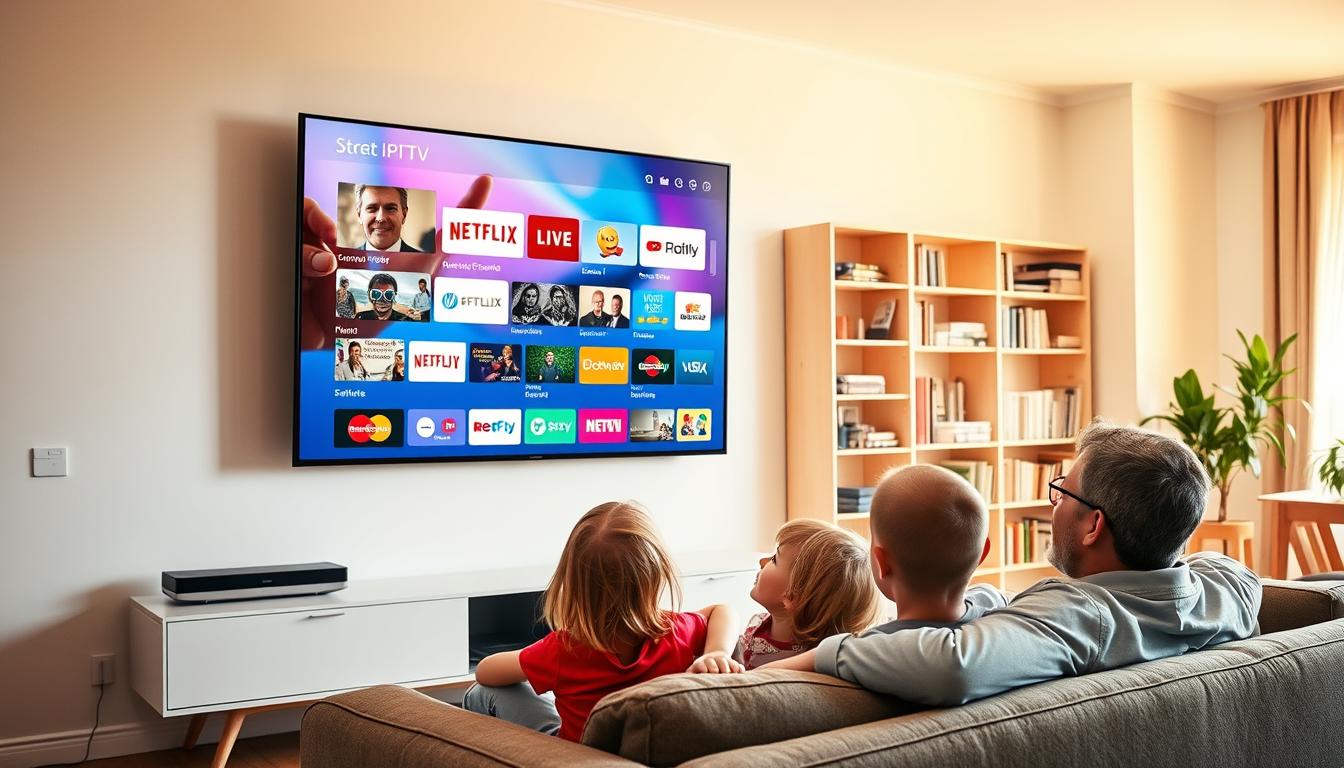 A well-lit and spacious living room, with a large flatscreen TV mounted on the wall. On the TV screen, a crisp and vibrant IPTV interface displays a diverse selection of live channels, on-demand content, and advanced features. In the foreground, a young family is relaxing on a comfortable sofa, their expressions conveying the ease and convenience of using IPTV. The room is bathed in warm, natural lighting, creating a cozy and inviting atmosphere. In the background, a bookshelf and potted plants add depth and character to the scene, suggesting a modern and stylish Swedish home.