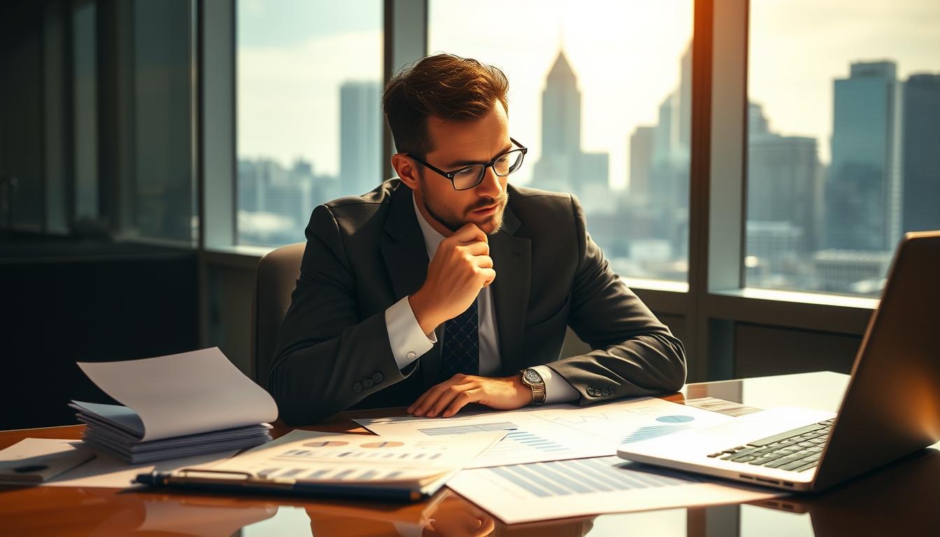 A well-dressed businessman sits at a desk, deep in thought, surrounded by financial documents, charts, and a laptop. The lighting is warm and focused, creating a sense of concentration and seriousness. In the background, a cityscape with towering skyscrapers can be seen through the window, suggesting the scale and importance of the financing project. The scene conveys the gravity and complexity of the decision-making process involved in funding an innovative endeavor.