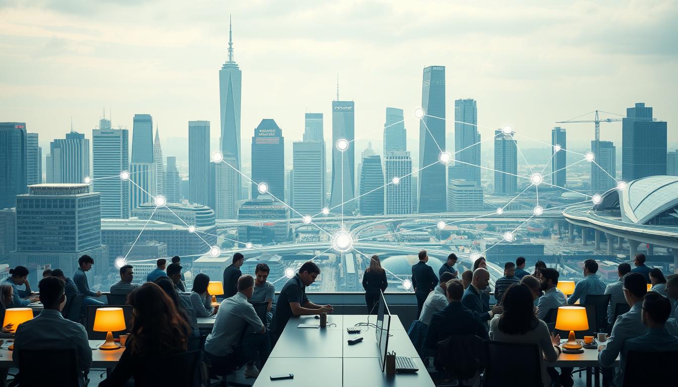 A bustling innovation ecosystem set against a modern cityscape. In the foreground, a diverse group of people collaborate at a sleek co-working space, their faces lit by the warm glow of desk lamps. In the middle ground, a series of interconnected nodes represent the flow of ideas and technologies, linking startups, research labs, and corporate partners. The background features towering skyscrapers and transportation hubs, symbolizing the infrastructure that supports this thriving innovation network. The scene is bathed in a soft, diffused light, creating an atmosphere of creativity, productivity, and possibility.