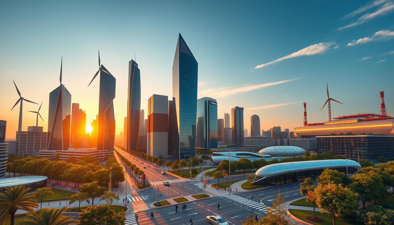 A vibrant, futuristic cityscape at dusk, with sleek, angular skyscrapers powered by renewable energy sources like wind turbines and solar panels. In the foreground, a bustling intersection showcases electric vehicles and pedestrians navigating the low-emission urban landscape. The middle ground features lush, green public spaces and efficient mass transit systems. In the background, a gleaming new industrial complex embodies the latest advancements in sustainable manufacturing. The scene is bathed in a warm, golden light, conveying a sense of progress and a brighter, decarbonized future.