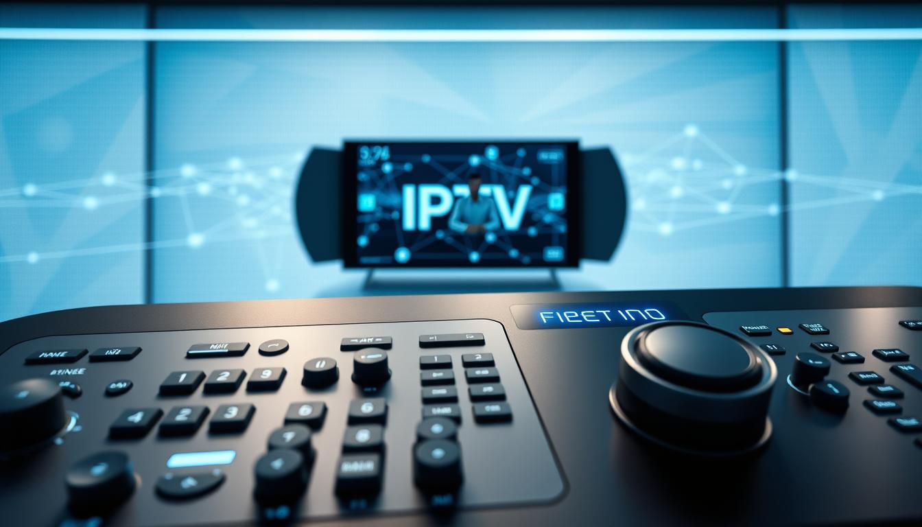A futuristic control panel displaying an IPTV interface, with sleek and modern design elements. The foreground features various icons, settings, and a central display showcasing a streaming video feed. The middle ground showcases a stylized representation of network connectivity, with interlacing lines and pulsing data visualizations. The background features a subtle, minimalist grid pattern, conveying a sense of technological sophistication. The lighting is clean and directional, with a cool, blue-tinted palette to evoke a professional, technical atmosphere. The camera angle is slightly elevated, providing an overview of the IPTV control system.