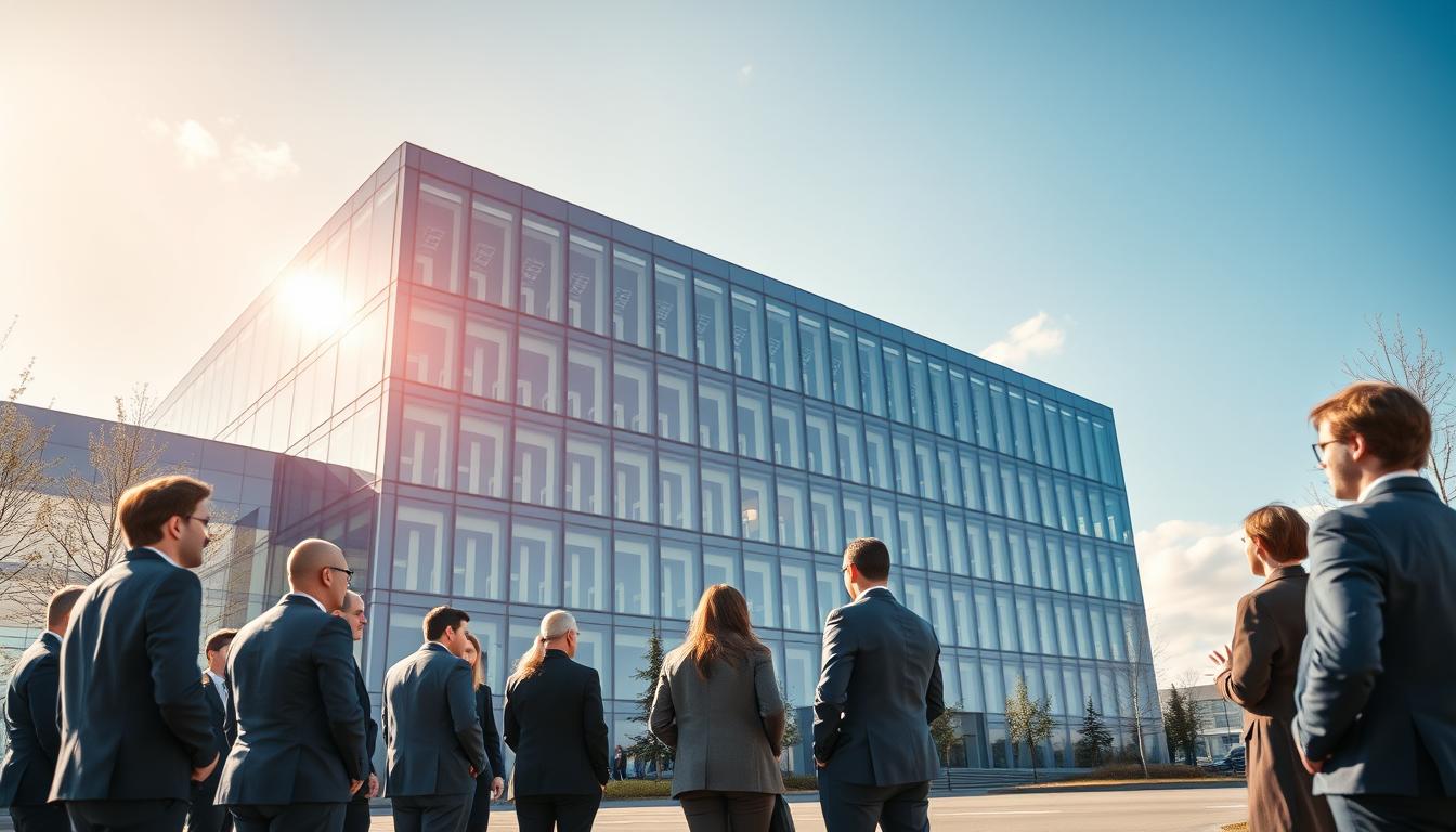A large, modern office building with clean, minimalist architecture stands proudly against a bright, cloudless sky. The exterior is made of sleek glass and steel, reflecting the sun's rays and giving the structure a contemporary, innovative feel. In the foreground, a group of well-dressed professionals are gathered, engaged in animated discussion, their body language suggesting an air of collaboration and intellectual discourse. The scene evokes a sense of progress, technological advancement, and the driving force of research and development in France. The overall composition conveys the idea of the Crédit d'Impôt Recherche as a strategic lever for fostering innovation in the country.