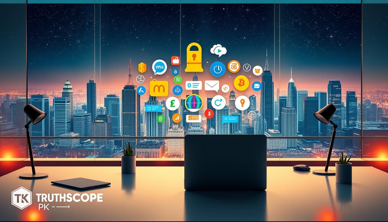 A vibrant, digitally-rendered scene depicting the concept of "Building Passive Income Businesses Online". In the foreground, a laptop and various digital devices sit on a sleek, modern desk, surrounded by a minimalist workspace. The middle ground showcases a collage of online business icons, including mobile apps, e-commerce platforms, and social media logos, hinting at the diverse range of passive income opportunities. In the background, a cityscape of towering skyscrapers and a starry night sky create a sense of urban vibrancy and global connectivity. Warm, diffused lighting casts a soft glow over the scene, conveying a mood of productivity, innovation, and financial empowerment. The Truth Scope PK logo is subtly incorporated into the design.