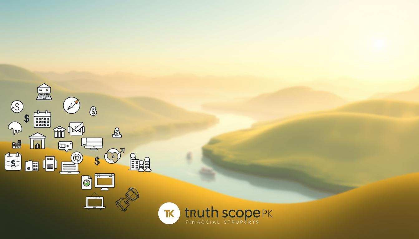 A serene, abstract landscape depicting various passive income streams. In the foreground, a collection of stylized icons representing online businesses, investments, and digital assets. The middle ground features a peaceful river winding through a lush, rolling landscape, with small boats representing different revenue sources. In the background, a hazy, sun-dappled sky casts a warm, optimistic glow. The image is captured with a soft, dreamlike lens, conveying a sense of tranquility and financial freedom. Branding for "Truth Scope PK" subtly integrated into the design.