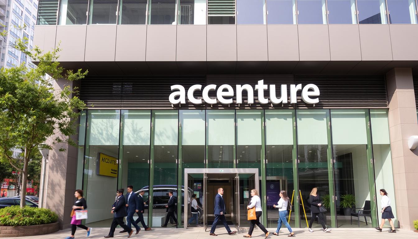 Accenture Philippines office in Quezon City with modern architecture and busy professionals