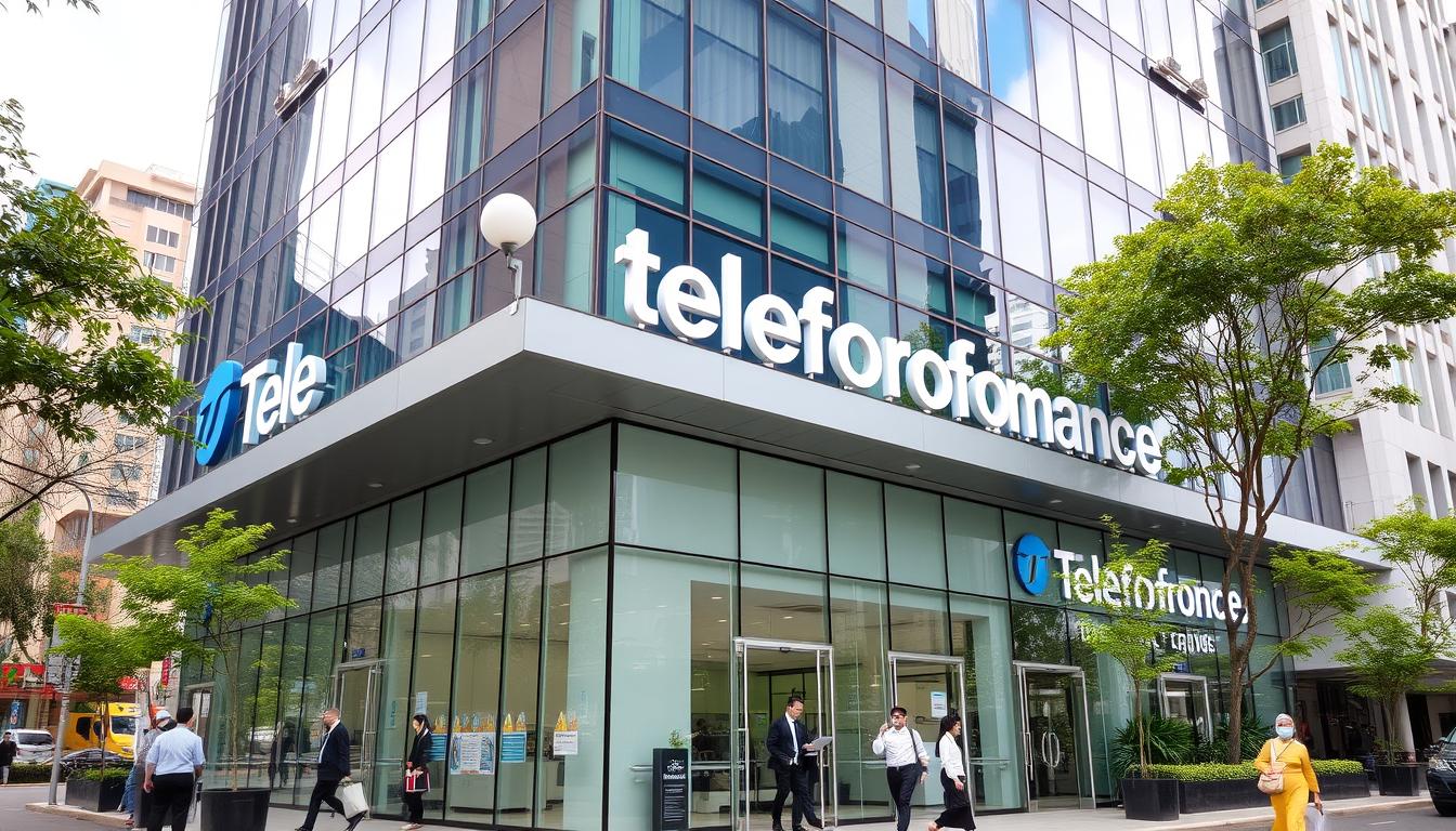 Teleperformance Philippines office building in Quezon City with employees entering the facility