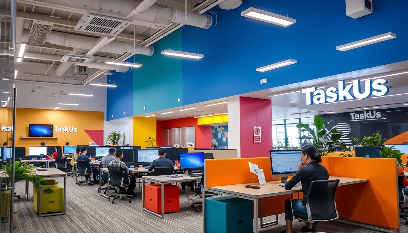 TaskUs Philippines colorful and modern office space in Quezon City with collaborative work areas