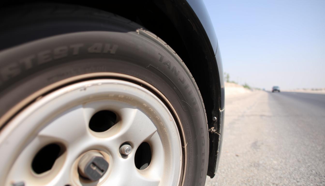 سيارة بإطار مثقوب على جانب الطريق في الكويت تحتاج لخدمة بنشر متنقل
