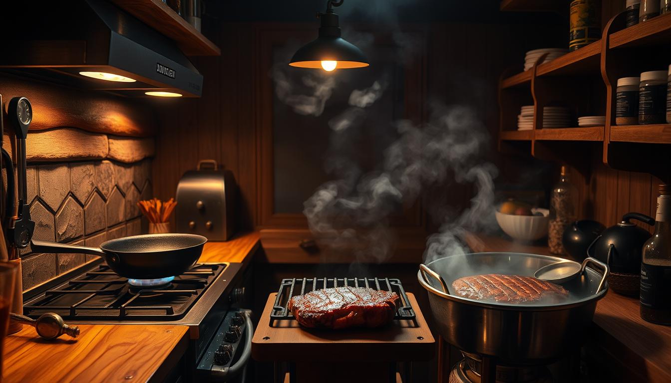 A dimly lit, rustic kitchen interior showcasing three common cooking methods for steak: a cast-iron skillet sizzling on a gas stovetop, a charcoal grill with grill marks visible, and a sous vide water bath with steam rising. Warm lighting from overhead fixtures casts a cozy glow, while wooden countertops and shelves provide natural textures. Kitchen tools like tongs, a meat thermometer, and seasoning jars are arranged neatly, hinting at the preparation process. The scene conveys a sense of expertise and culinary mastery, suitable for illustrating a guide on cooking the perfect steak.