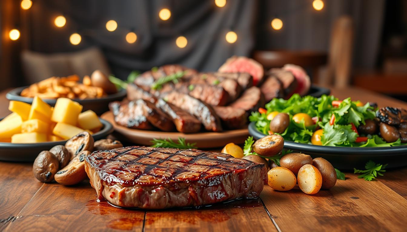 A bountiful spread of delectable steak dishes, elegantly presented on a wooden table. In the foreground, a juicy, perfectly seared steak is accompanied by a selection of tempting garnishes - crisp roasted potatoes, sautéed mushrooms, and a vibrant green salad. In the middle ground, an artfully arranged platter showcases various steak cuts, each cooked to perfection with a hint of charred edges. The background features a rustic, warm-toned setting, with string lights casting a soft, intimate glow. Warm, earthy tones and natural textures create a inviting, homey atmosphere, perfect for savoring the perfect steak experience.