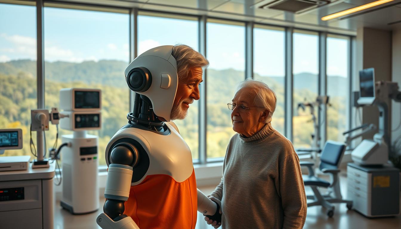 A warm, futuristic medical facility filled with advanced AI-powered technologies designed to enhance the wellbeing of the aging population. In the foreground, an elderly patient is being assisted by a friendly humanoid robot, its expressive face conveying compassion. The middle ground showcases various diagnostic and monitoring devices seamlessly integrated into the serene, minimalist environment. In the background, large windows offer a panoramic view of a lush, verdant landscape, creating a calming, nature-inspired ambiance. Soft, indirect lighting bathes the scene in a soothing glow, while the overall composition suggests a harmonious blend of cutting-edge innovation and personalized, empathetic care.