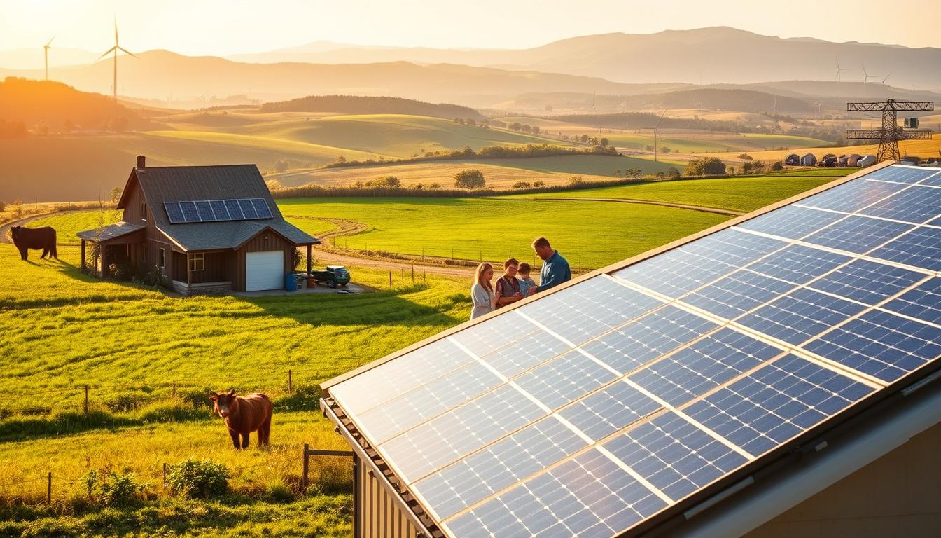 A rural solar battery incentive program, where farmers and homesteaders install state-of-the-art solar energy storage systems. In the foreground, a picturesque farmhouse with a well-maintained solar array on the roof, surrounded by lush green fields and rolling hills. In the middle ground, a family gathers around a battery bank, examining the monitoring display with enthusiasm. The background depicts a sun-dappled landscape, with towering wind turbines and distant mountains. The lighting is warm and golden, creating a sense of tranquility and self-sufficiency. The angle is slightly elevated, capturing the harmony between renewable energy, agricultural life, and government support for clean power initiatives in rural areas.