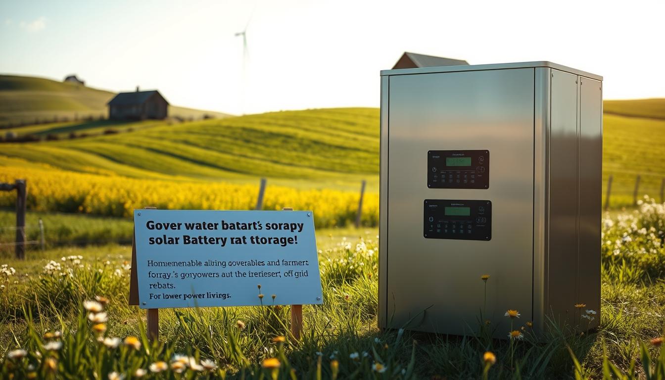 A serene rural landscape, a rolling green field dotted with wildflowers, a weathered barn in the distance. In the foreground, a state-of-the-art solar battery storage system, its sleek metal casing and digital displays gleaming in the warm sunlight. An informational sign nearby outlines the government rebates available to homeowners and farmers who invest in this renewable energy solution. The scene conveys a sense of sustainable progress, blending the traditional and the modern, with a focus on the practical benefits of clean power storage for off-grid living. Crisp, high-resolution, cinematic lighting, with a slight wide-angle perspective to capture the full scope of the setting.