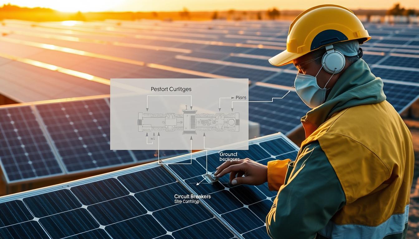 A well-lit, technical illustration of electrical safety practices for solar power projects. In the foreground, a technician in a protective suit carefully inspects a solar panel, examining the wiring and connections. In the middle ground, a detailed diagram showcases proper grounding techniques and the use of circuit breakers. The background depicts a solar farm, with panels arranged in orderly rows, bathed in warm, golden light. The overall mood is one of diligence, safety, and the responsible implementation of renewable energy technology.