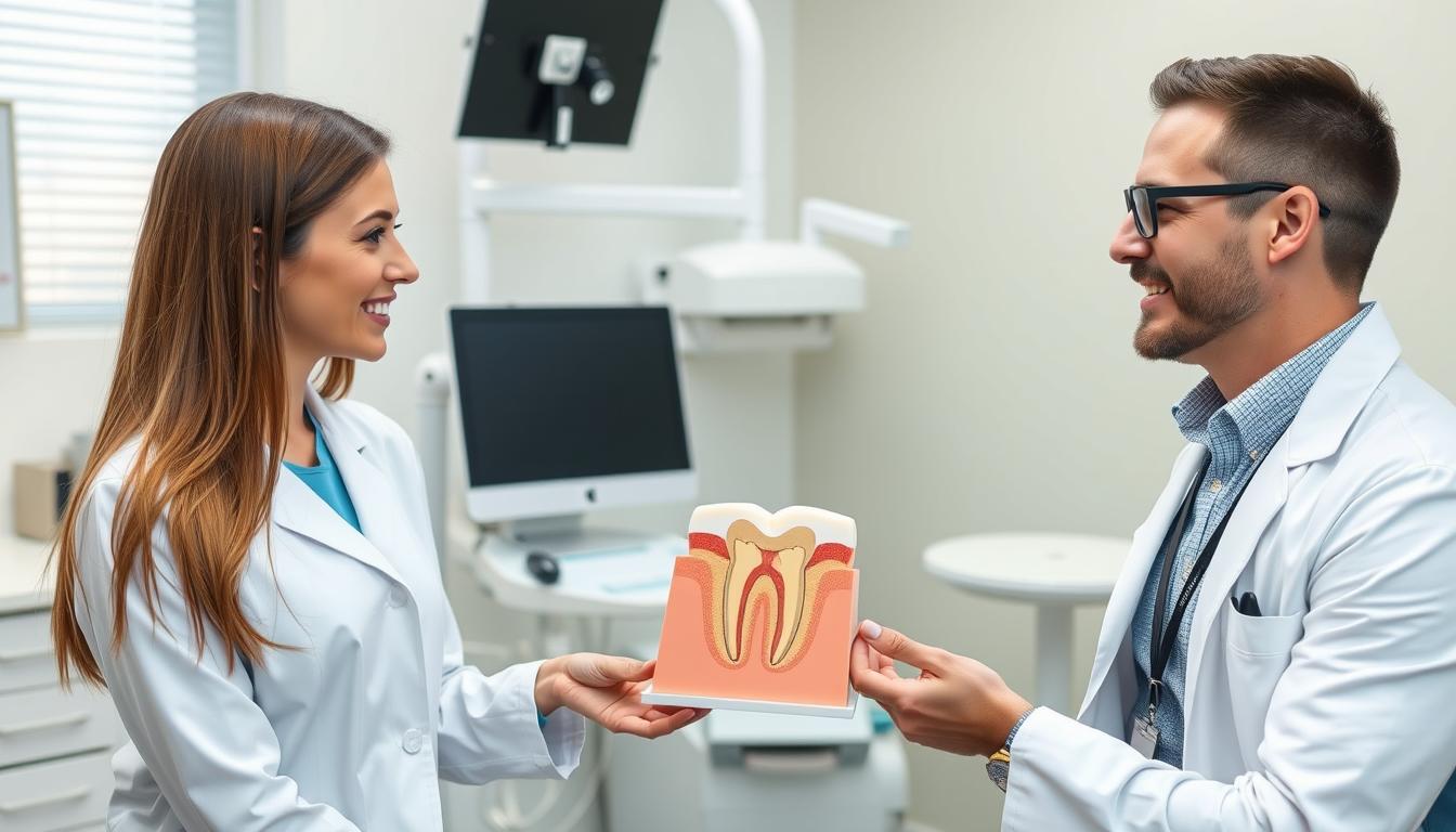 Dentist explaining root canal treatment steps to a patient using a dental model