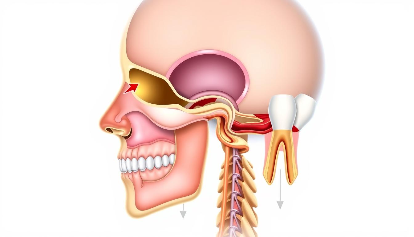 Anatomical illustration showing how sinus infection can cause toothache in upper molars
