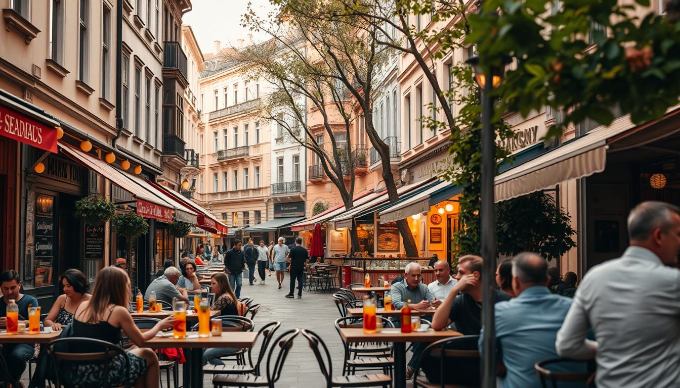 A cozy, charming street in Sofia, Bulgaria, lined with inviting budget-friendly eateries. In the foreground, outdoor seating at a casual cafe, with patrons enjoying local cuisine and refreshing beverages. The middle ground features a variety of small restaurants and cafes, their colorful facades and awnings creating a vibrant, lively atmosphere. In the background, historic buildings and tree-lined sidewalks set the scene, suggesting a quaint, walkable neighborhood. Warm, soft lighting casts a welcoming glow, and the angle captures the bustling, yet relaxed, energy of this budget-friendly culinary destination.