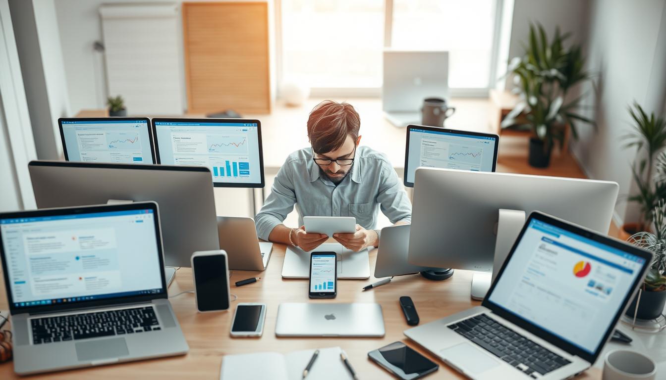 A well-lit, high-angle view of a workspace showcasing a comparison of various keyword research tools. The foreground features an array of digital devices - laptops, tablets, and smartphones - each displaying different keyword research platforms. In the middle ground, a user is intently analyzing the data and insights provided by these tools. The background softly blurs into a modern, minimalist office setting with clean lines, natural lighting, and subtle textures. The overall mood is one of focused productivity and data-driven decision making.