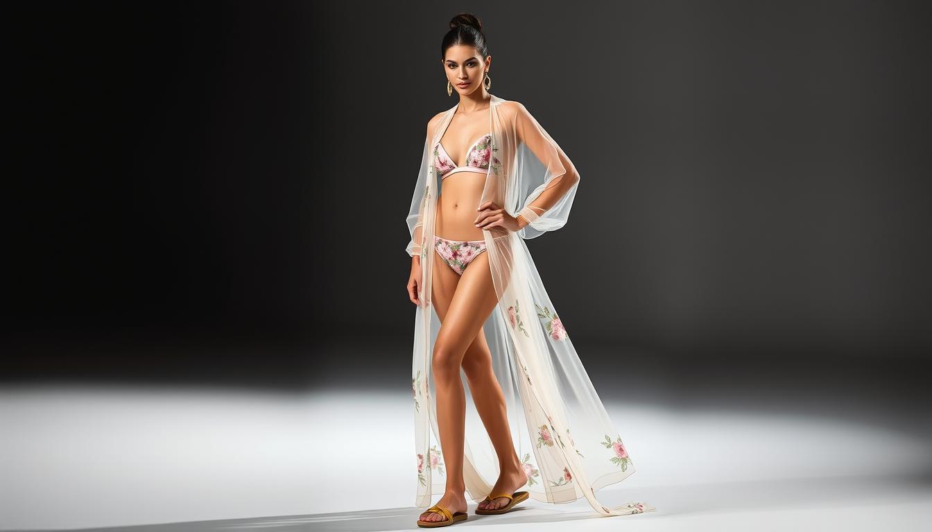 Woman wearing dramatic cover-up over bikini for fashion event