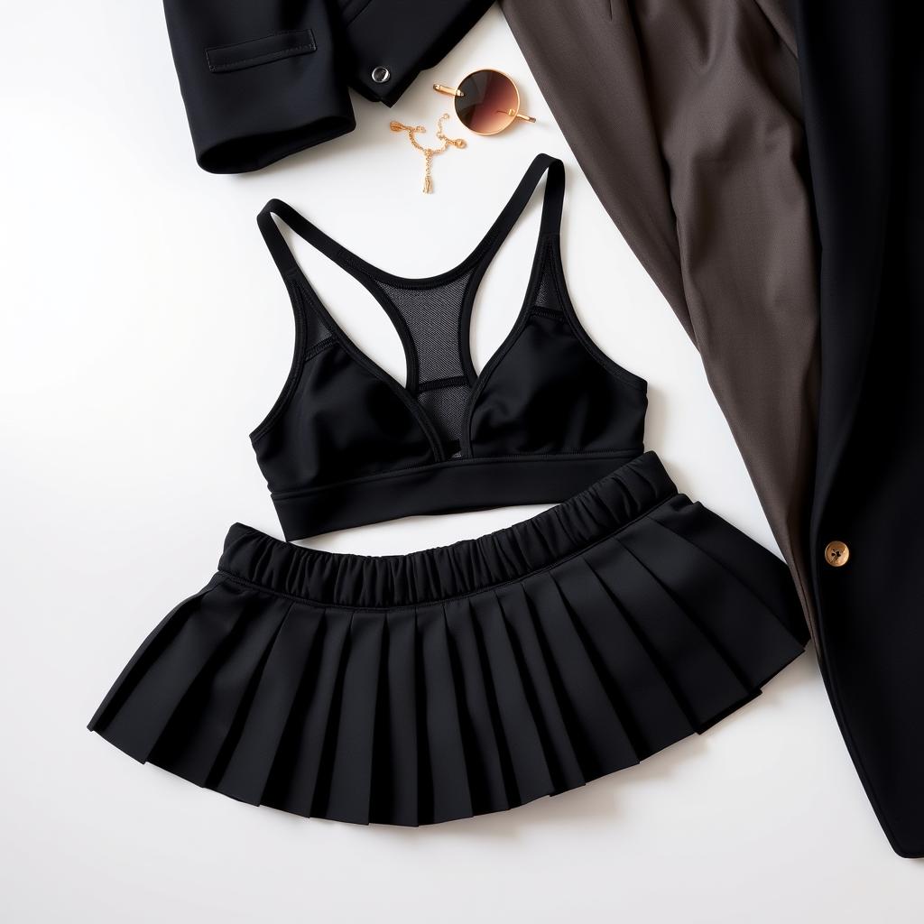 Sports bra styled with blazer and skirt for fashion event
