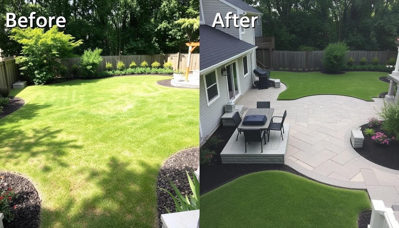 Before and after transformation of an Medfield backyard by JC Landscape