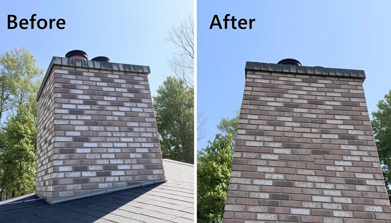 Before and after chimney tuckpointing in Franklin showing improved appearance