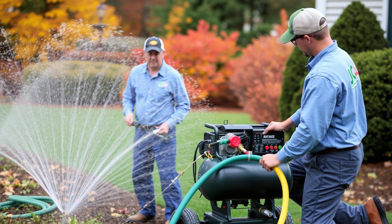 JC Landscape team performing sprinkler system winterization in Arlington, MA