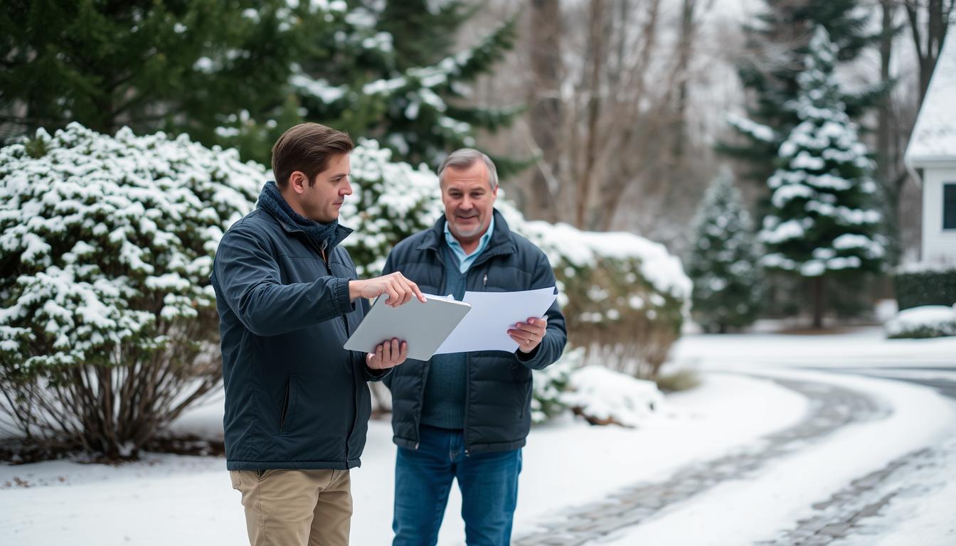 JC Landscape consultant discussing snow plowing services with an Walpole homeowner