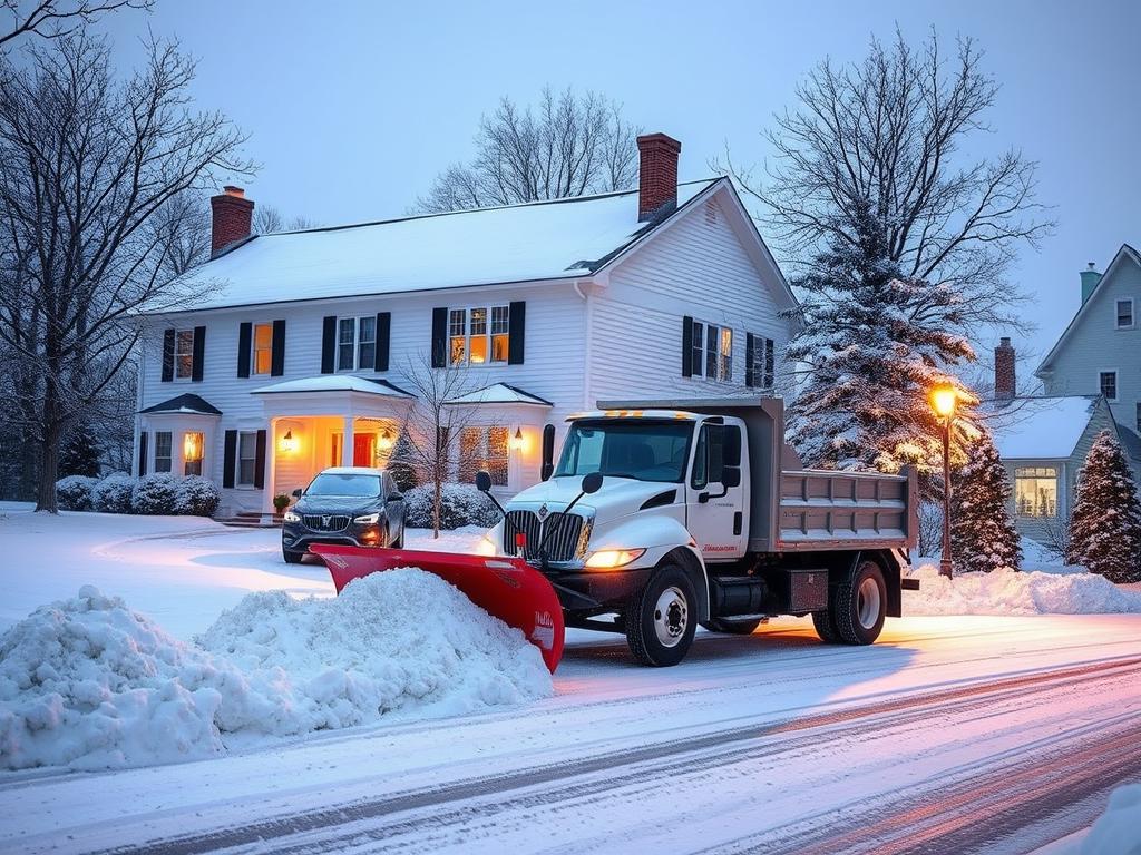 Residential snow plowing service clearing a home driveway in Walpole, MA