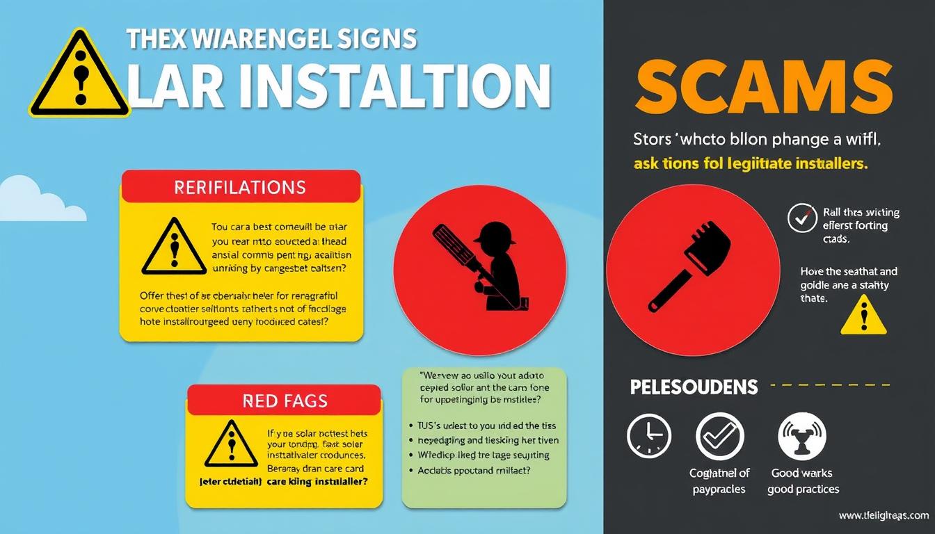 Infographic showing warning signs of solar installation scams for those searching solar installers near me