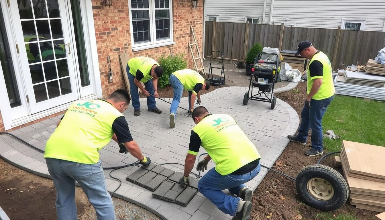 JC Landscape team installing a paver patio in Dover, MA