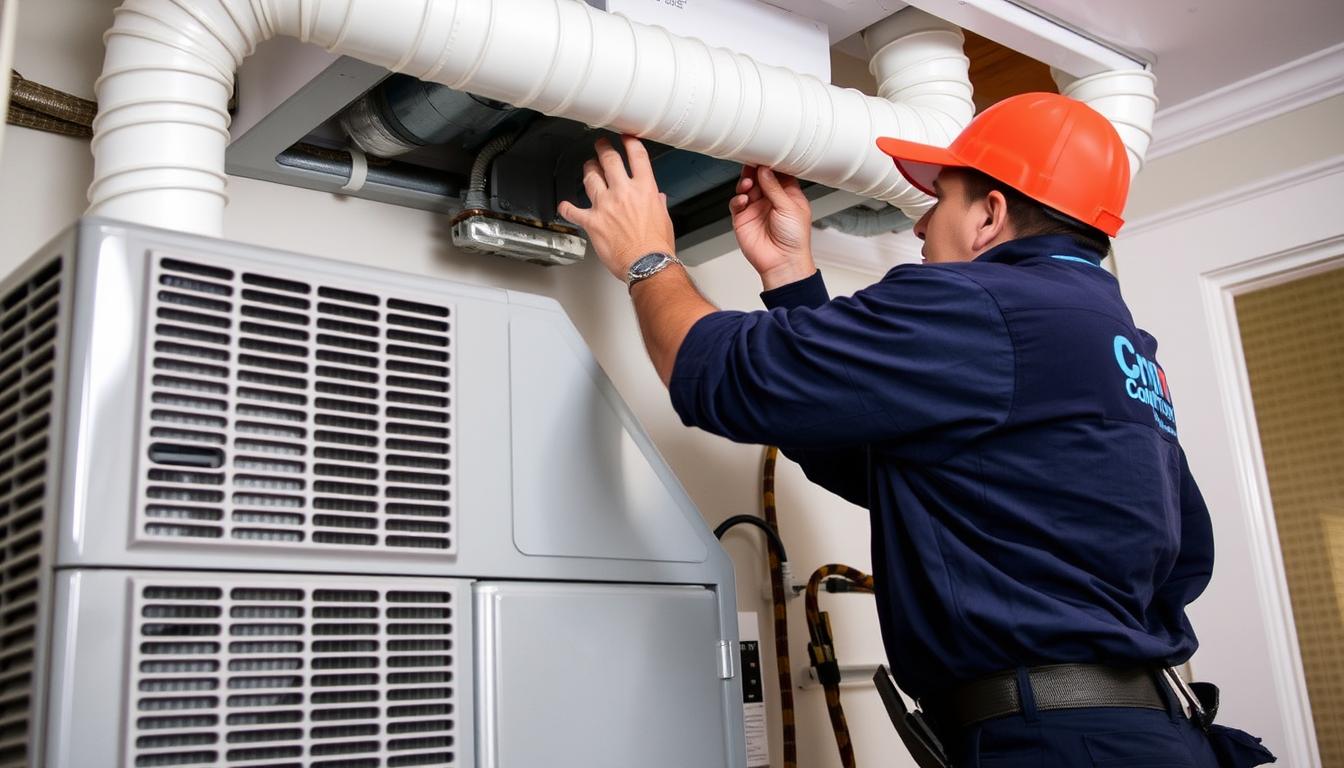 ComfortMax technician servicing central AC in Sherborn