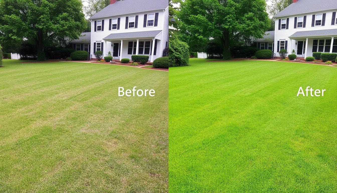 Before and after lawn transformation in Sudbury, MA by JC Landscape