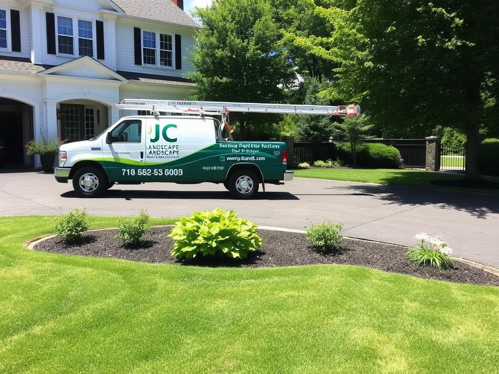 JC Landscape truck parked at a Arlington, MA home during a sprinkler system repair